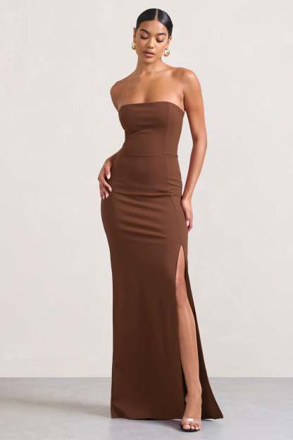 Belle of The Ball Brown Bandeau Maxi Dress With Split Hem