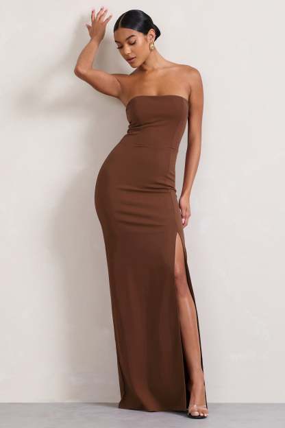 Belle of The Ball Brown Bandeau Maxi Dress With Split Hem