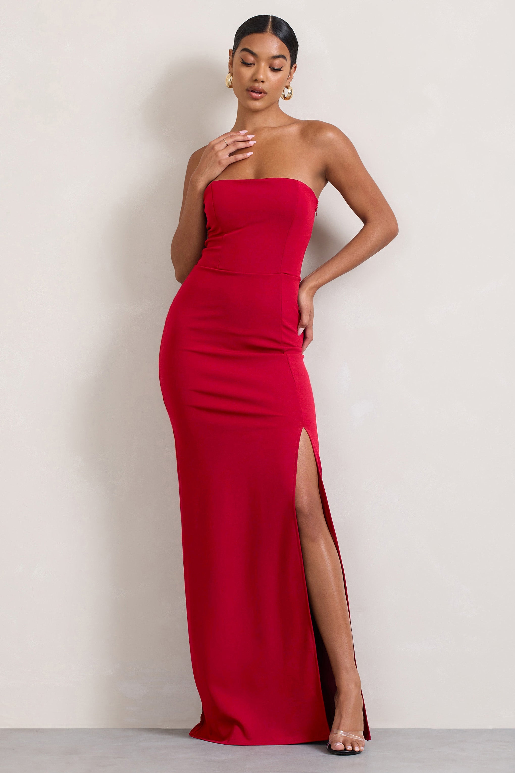 Belle of The Ball Red Bandeau Maxi Dress With Split Hem