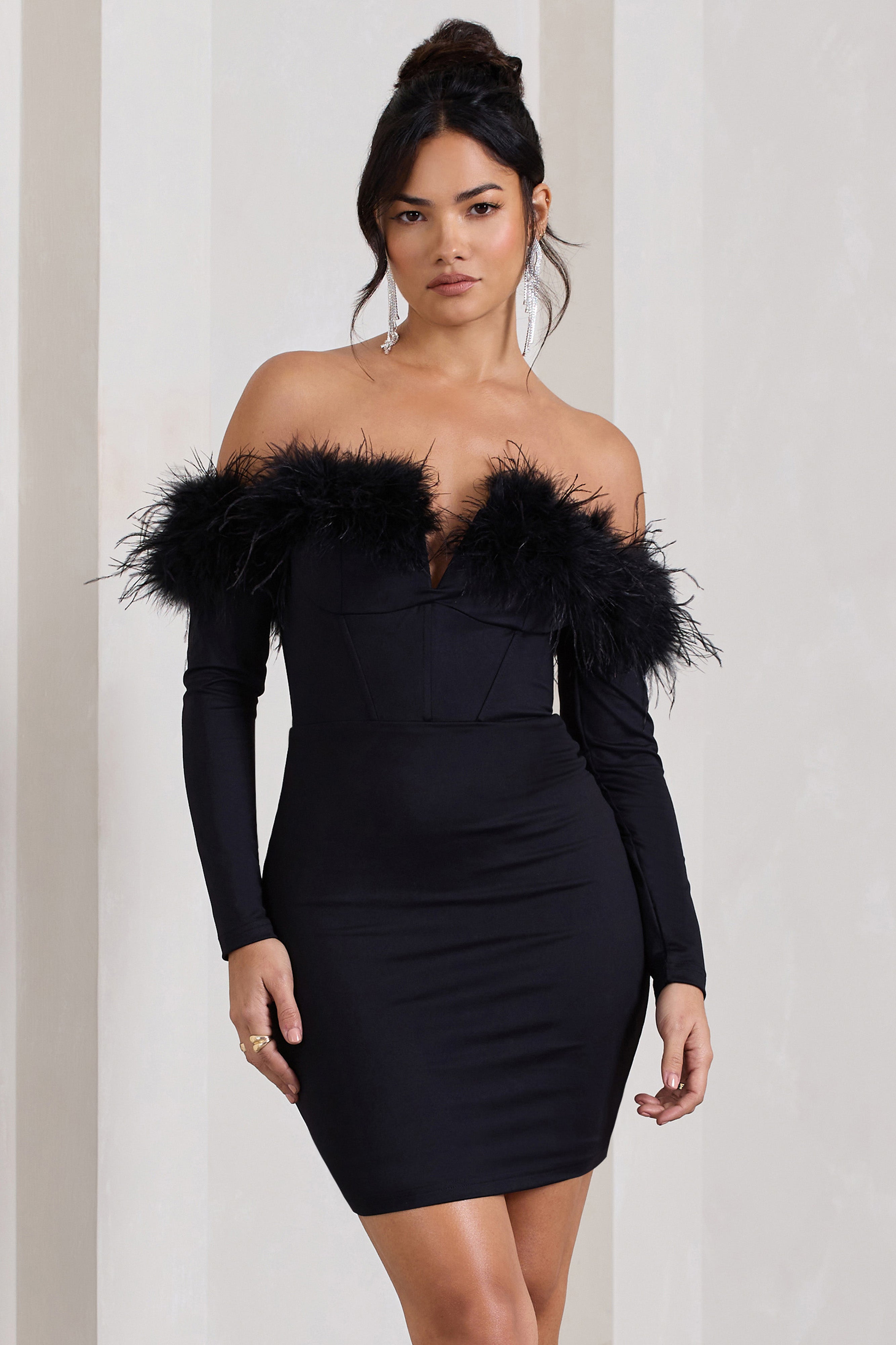 Celia Black Plunge Neck Bardot Mini Dress With Feather Trim Detail-Babyboo Dress Store. All Rights Reserved.