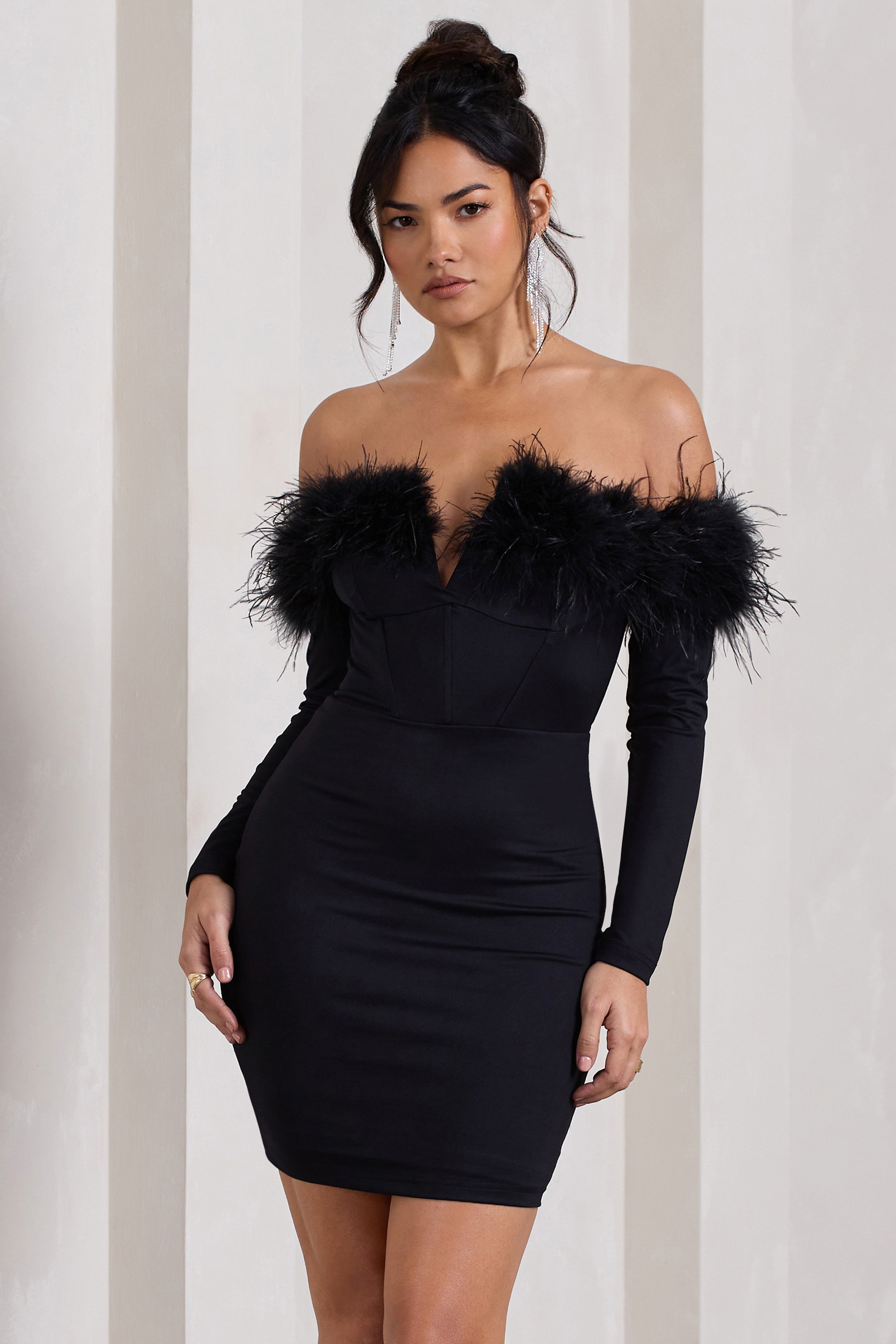 Celia Black Plunge Neck Bardot Mini Dress With Feather Trim Detail-Babyboo Dress Store. All Rights Reserved.