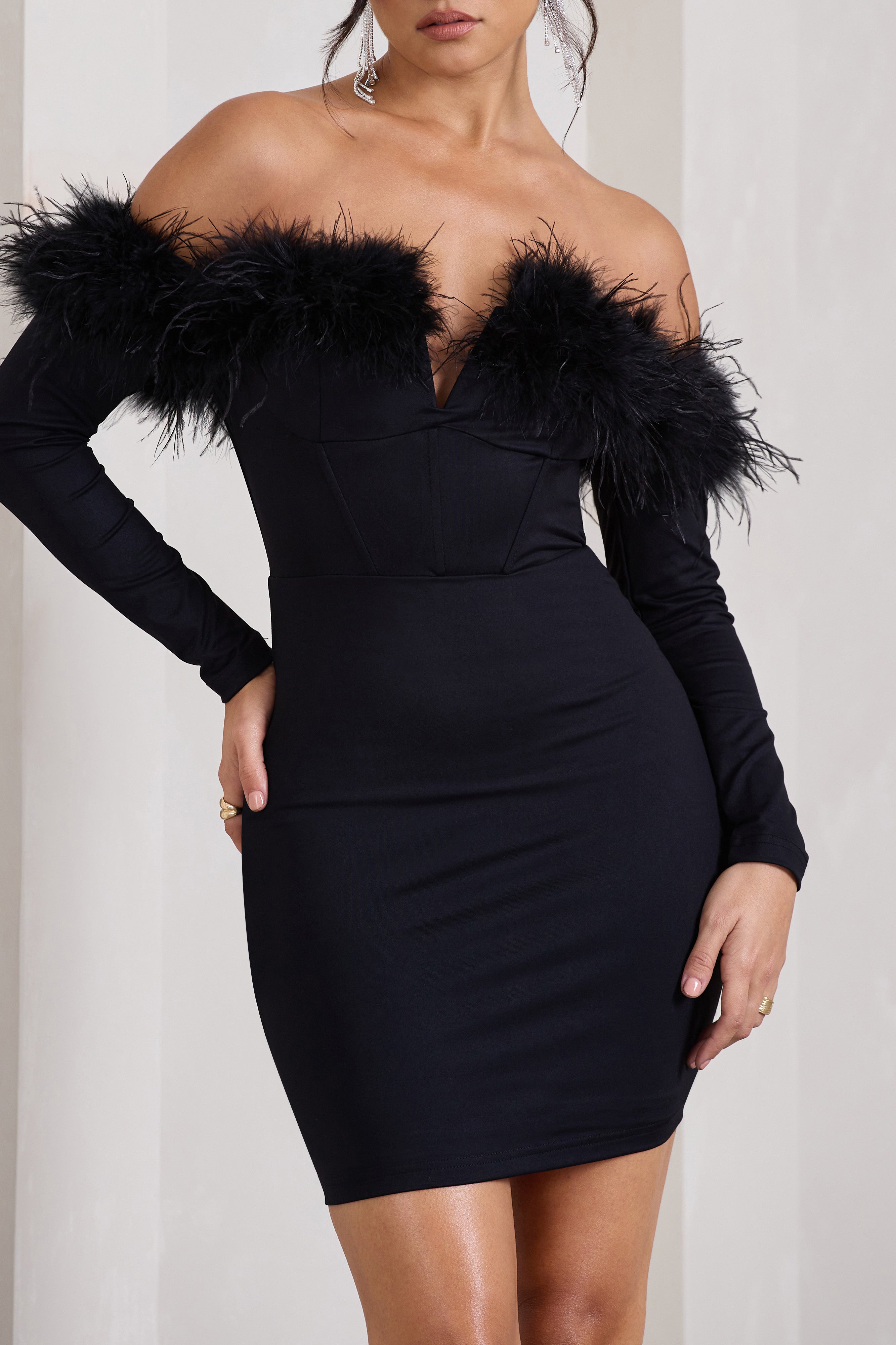 Celia Black Plunge Neck Bardot Mini Dress With Feather Trim Detail-Babyboo Dress Store. All Rights Reserved.