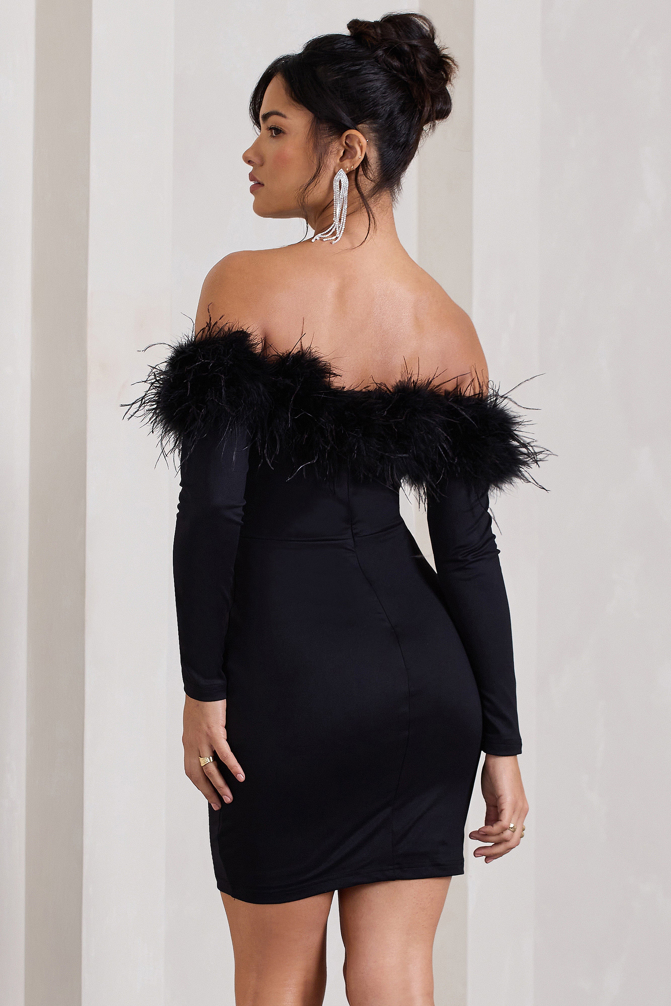 Celia Black Plunge Neck Bardot Mini Dress With Feather Trim Detail-Babyboo Dress Store. All Rights Reserved.
