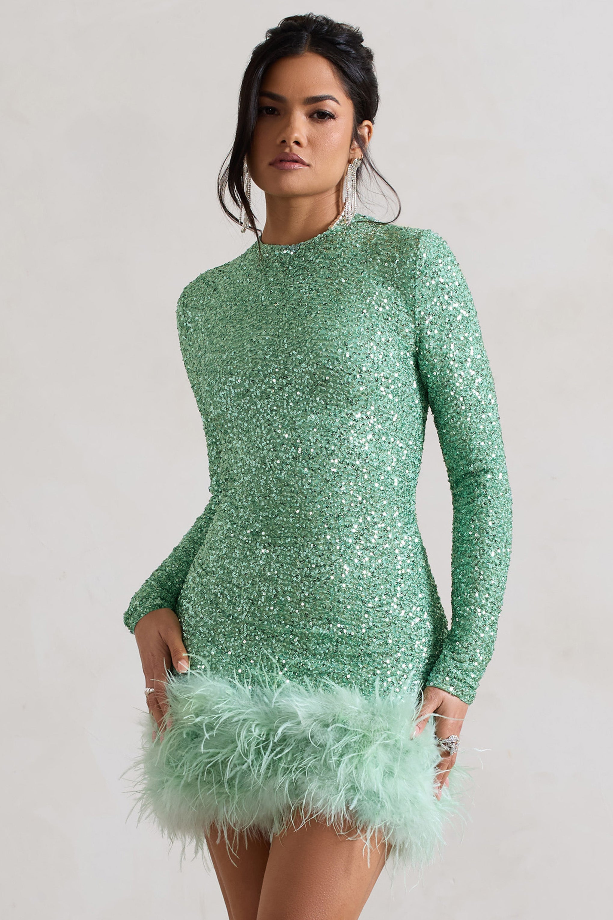Claudia Mint Sequin High Neck Feather Hem Mini Dress With Long Sleeves-Babyboo Dress Store. All Rights Reserved.