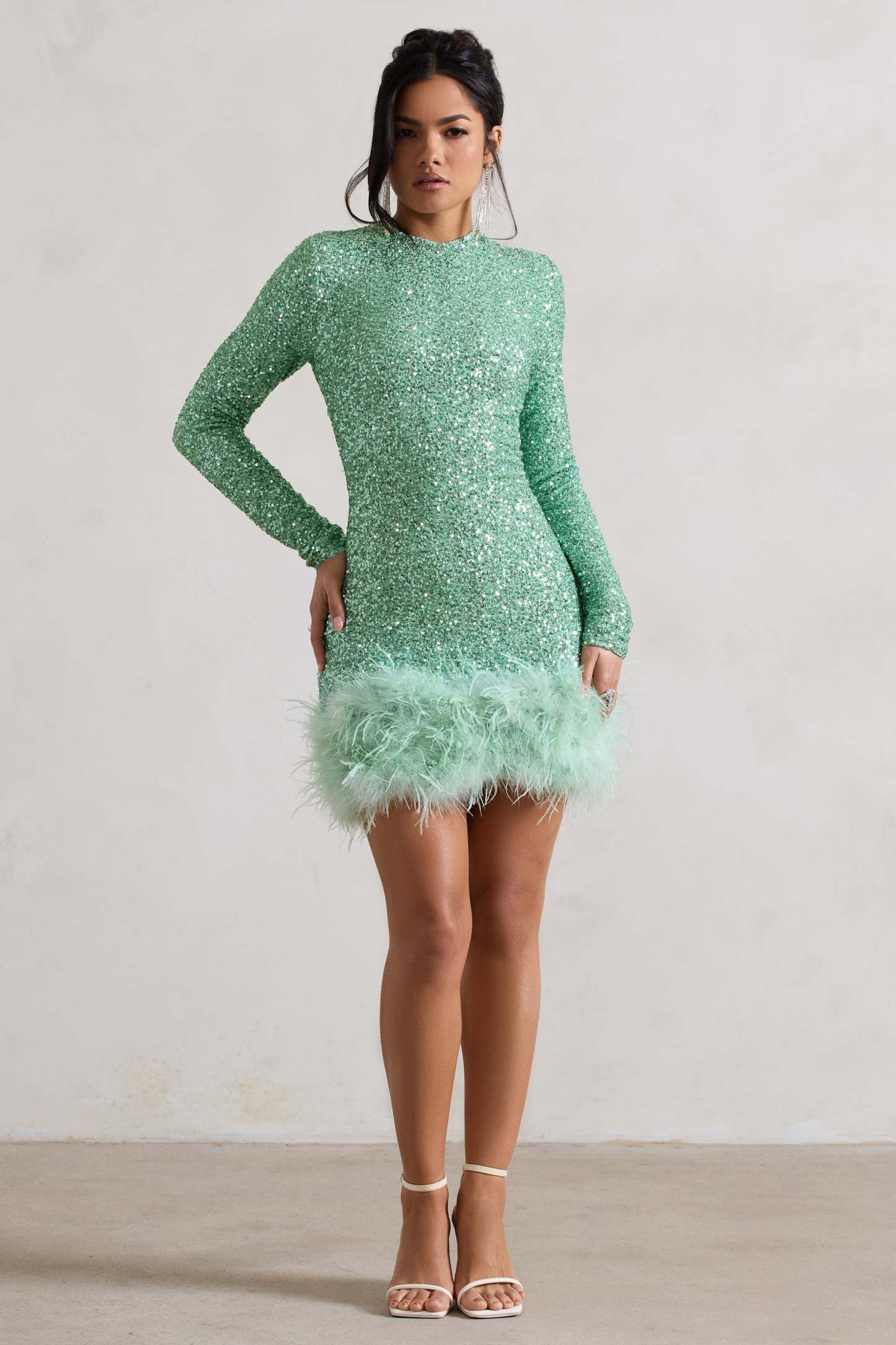Claudia Mint Sequin High Neck Feather Hem Mini Dress With Long Sleeves-Babyboo Dress Store. All Rights Reserved.