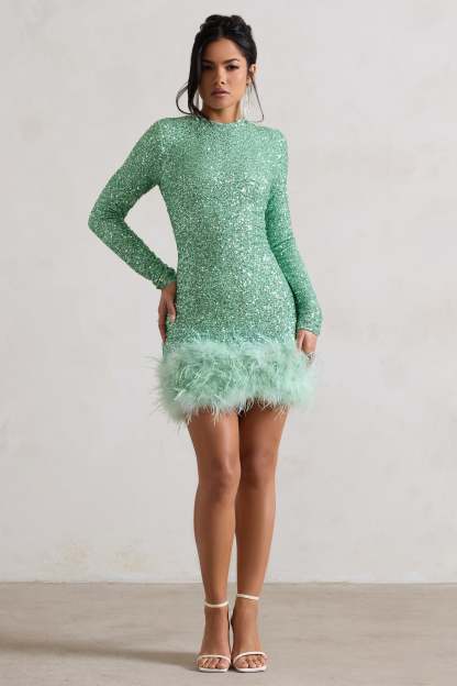Claudia Mint Sequin High Neck Feather Hem Mini Dress With Long Sleeves-Babyboo Dress Store. All Rights Reserved.