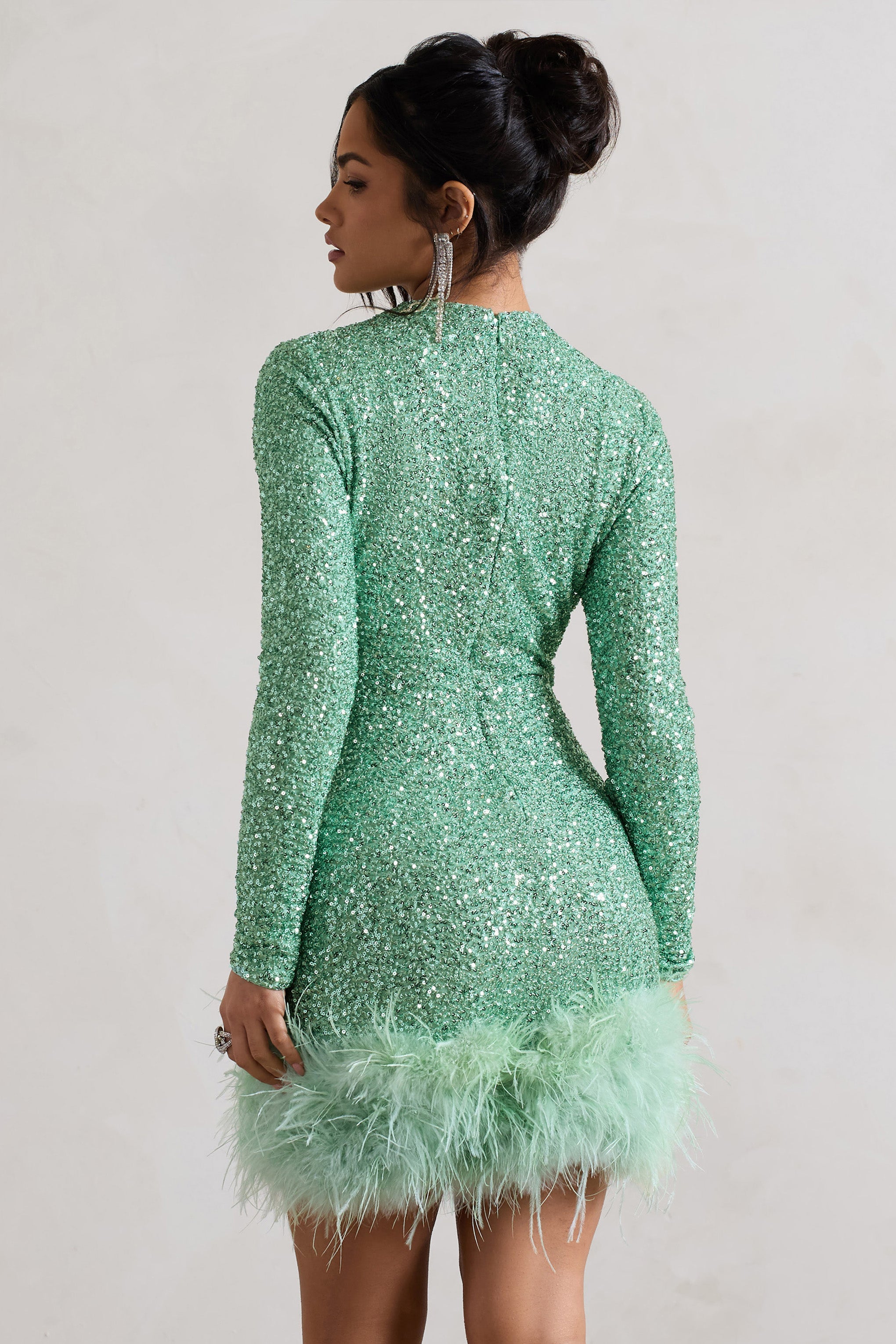 Claudia Mint Sequin High Neck Feather Hem Mini Dress With Long Sleeves-Babyboo Dress Store. All Rights Reserved.