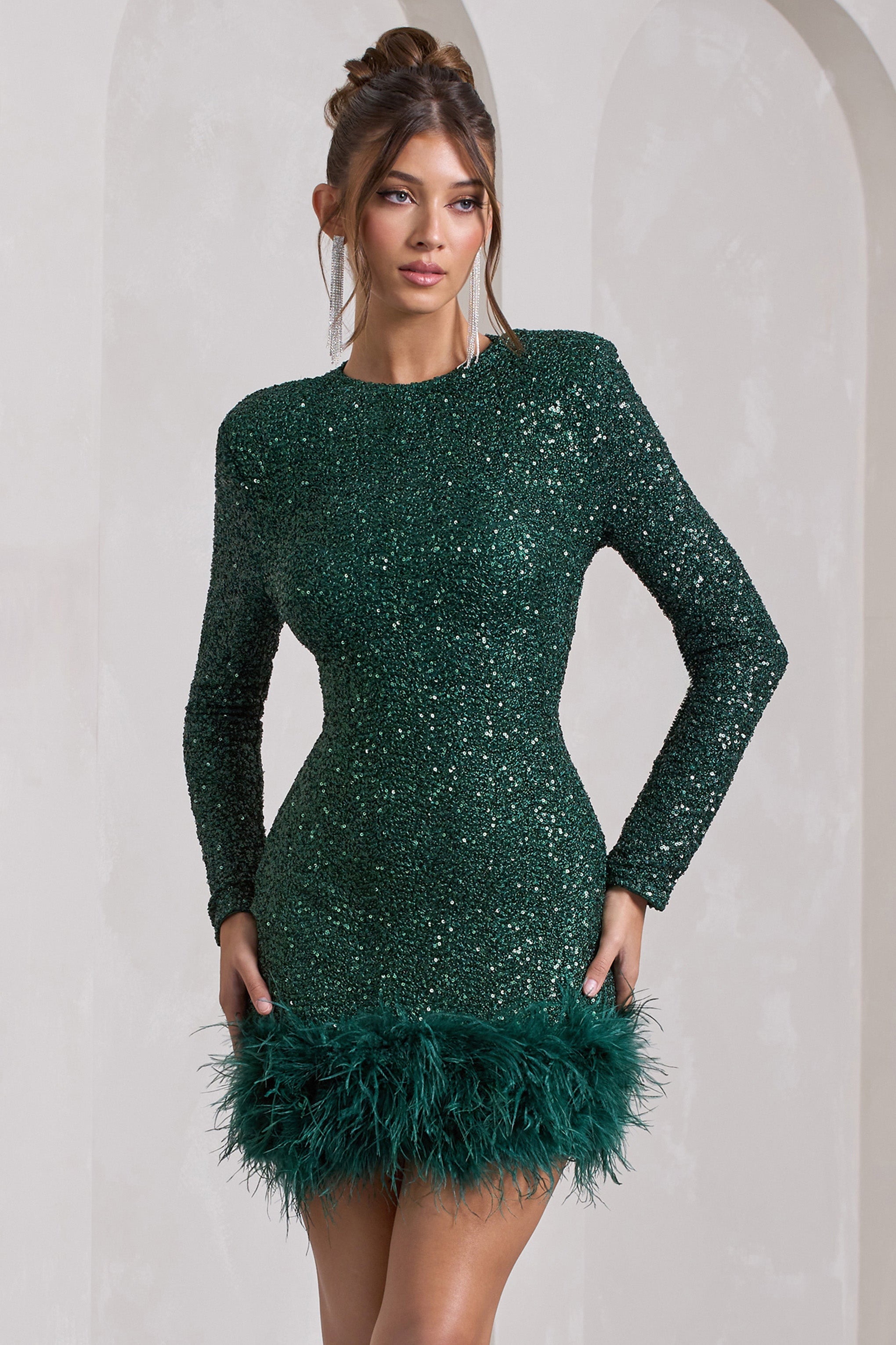 Claudia Bottle Green Sequin High Neck Feather Hem Mini Dress With Long Sleeves-Babyboo Dress Store. All Rights Reserved.