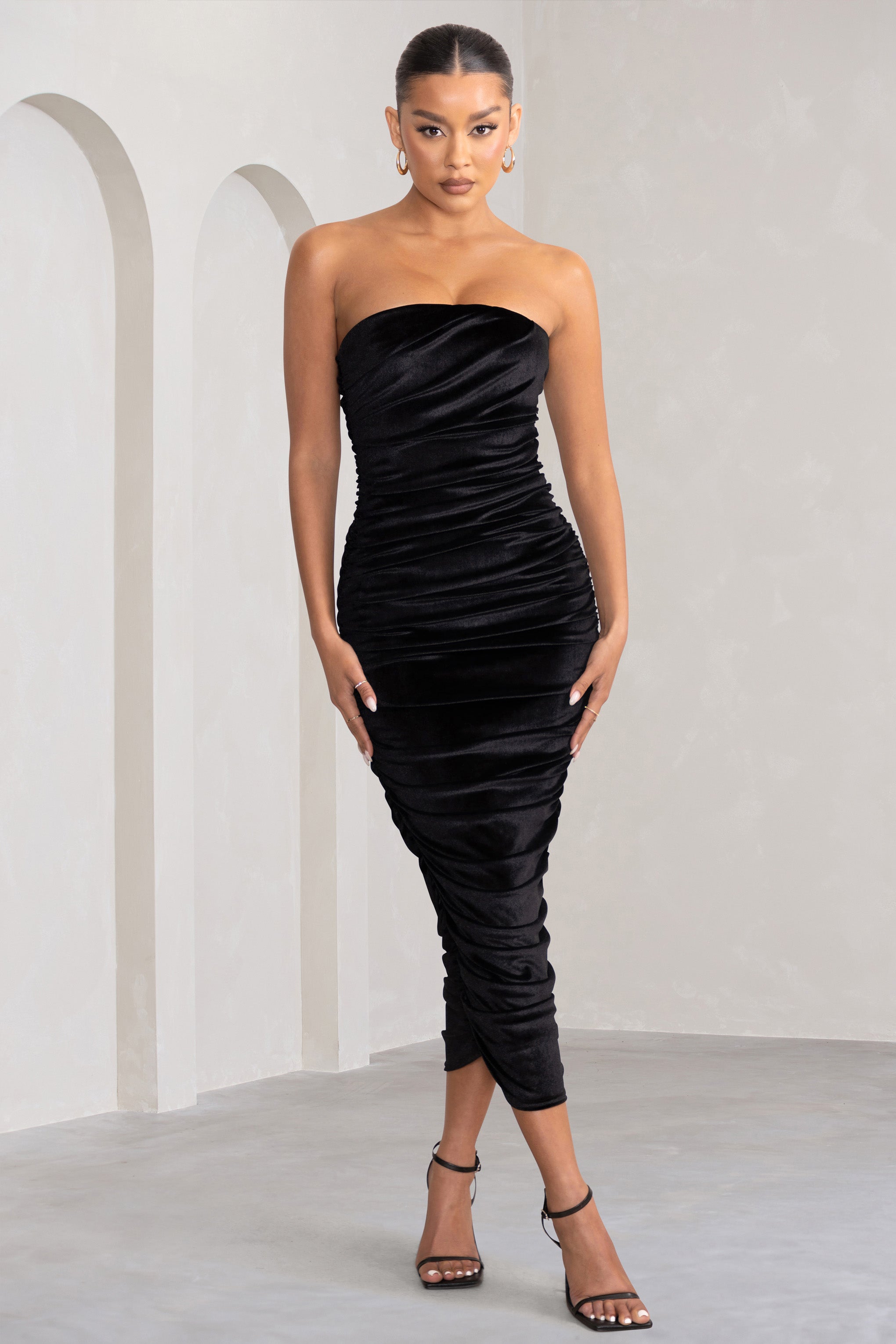 My Lady Black Velvet Strapless Bodycon Ruched Mesh Maxi Dress-Babyboo Dress Store. All Rights Reserved.