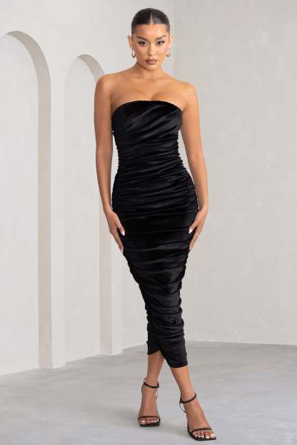 My Lady Black Velvet Strapless Bodycon Ruched Mesh Maxi Dress-Babyboo Dress Store. All Rights Reserved.