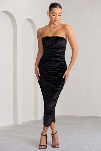 My Lady Black Velvet Strapless Bodycon Ruched Mesh Maxi Dress-Babyboo Dress Store. All Rights Reserved.