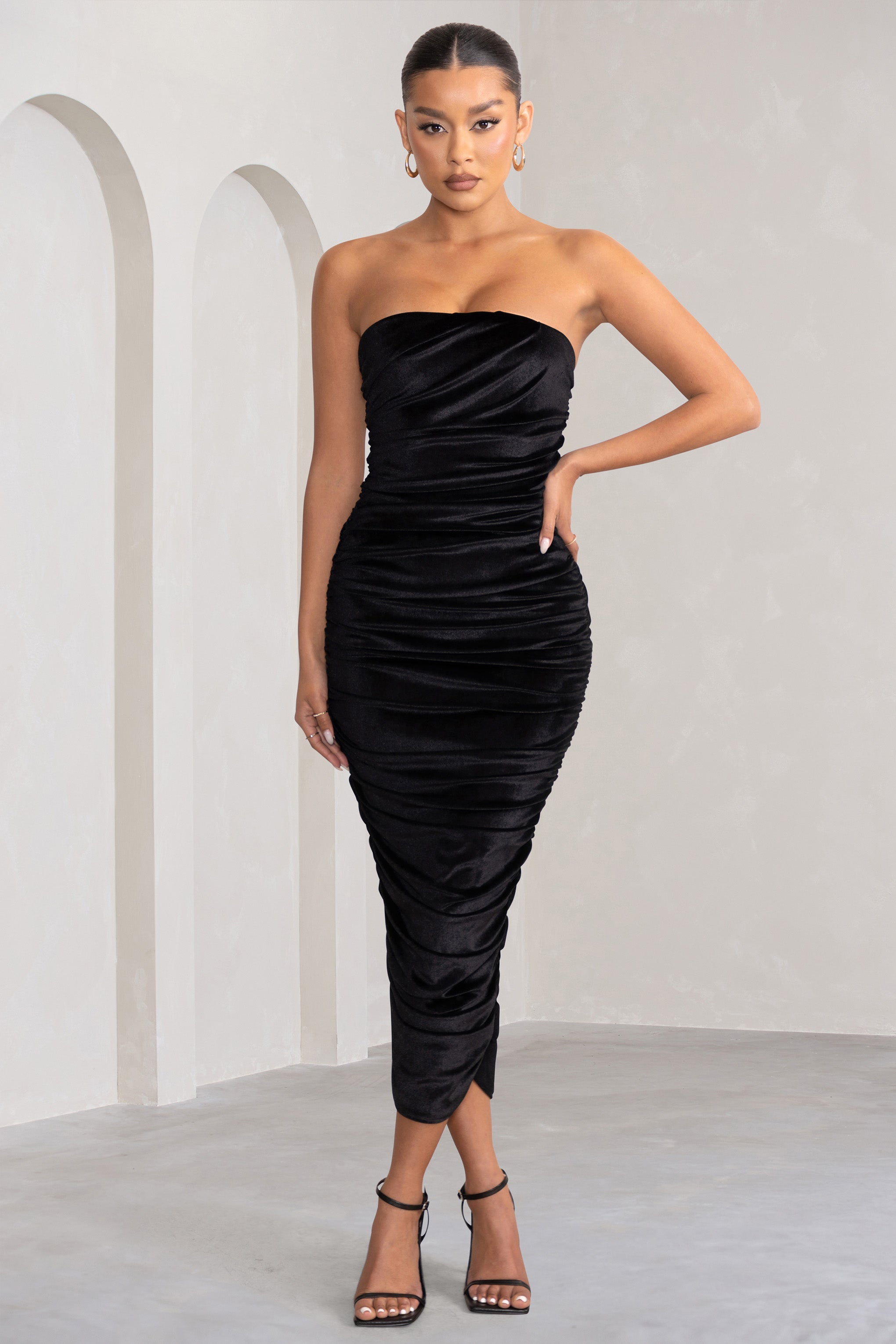 My Lady Black Velvet Strapless Bodycon Ruched Mesh Maxi Dress-Babyboo Dress Store. All Rights Reserved.
