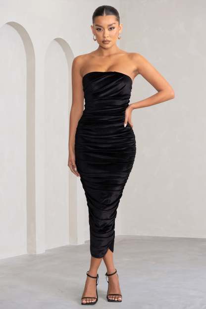 My Lady Black Velvet Strapless Bodycon Ruched Mesh Maxi Dress-Babyboo Dress Store. All Rights Reserved.