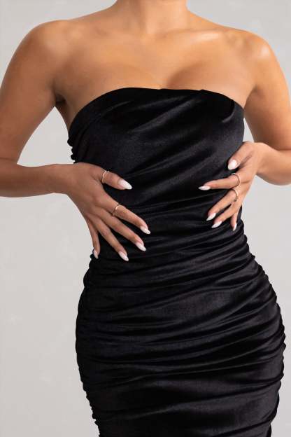 My Lady Black Velvet Strapless Bodycon Ruched Mesh Maxi Dress-Babyboo Dress Store. All Rights Reserved.