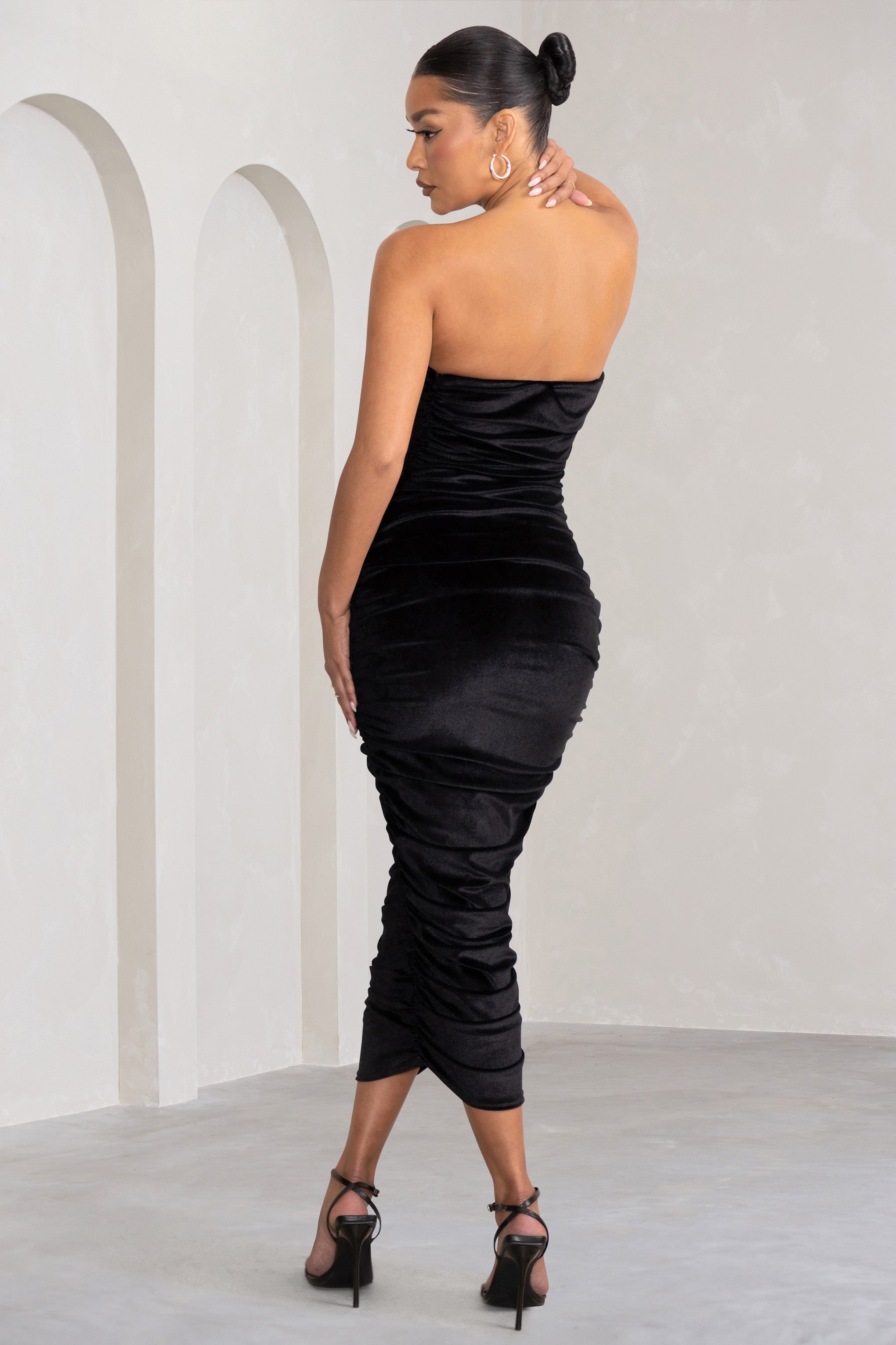 My Lady Black Velvet Strapless Bodycon Ruched Mesh Maxi Dress-Babyboo Dress Store. All Rights Reserved.