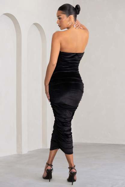 My Lady Black Velvet Strapless Bodycon Ruched Mesh Maxi Dress-Babyboo Dress Store. All Rights Reserved.