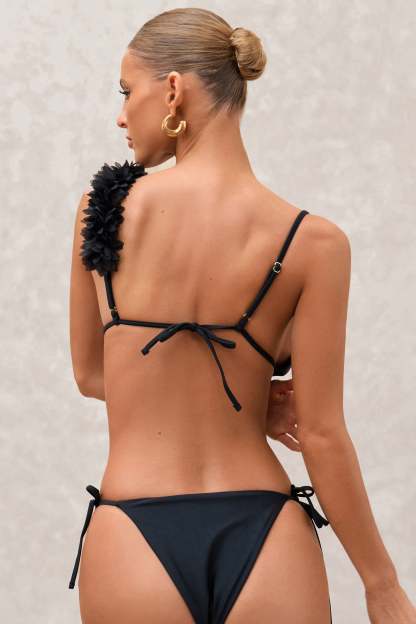 Cassia Black Triangle Flower Trimmed Bikini Top-Babyboo Dress Store. All Rights Reserved.