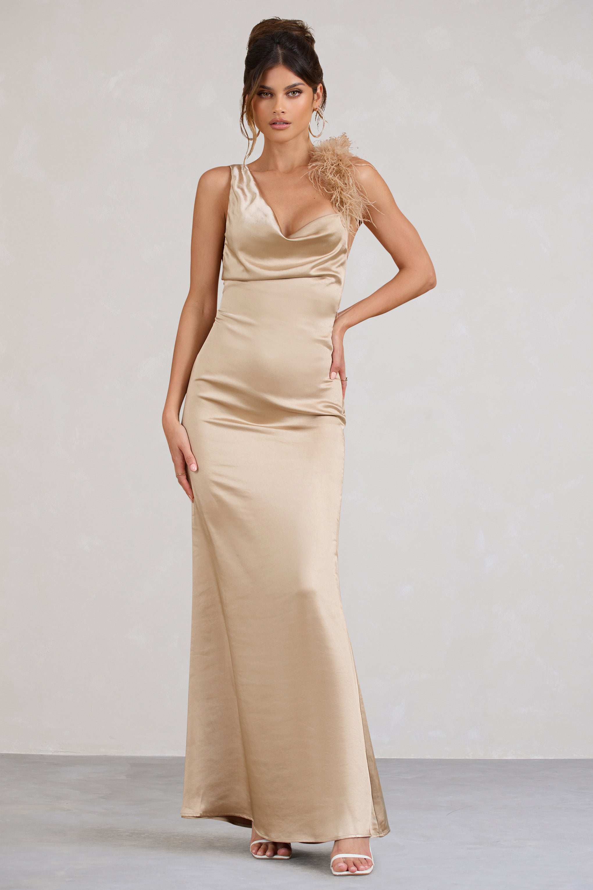 Cherish Me Gold Satin Asymmetric Cowl Maxi Dress With Feather Strap-Babyboo Dress Store. All Rights Reserved.