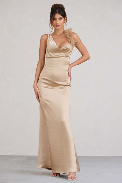 Cherish Me Gold Satin Asymmetric Cowl Maxi Dress With Feather Strap-Babyboo Dress Store. All Rights Reserved.