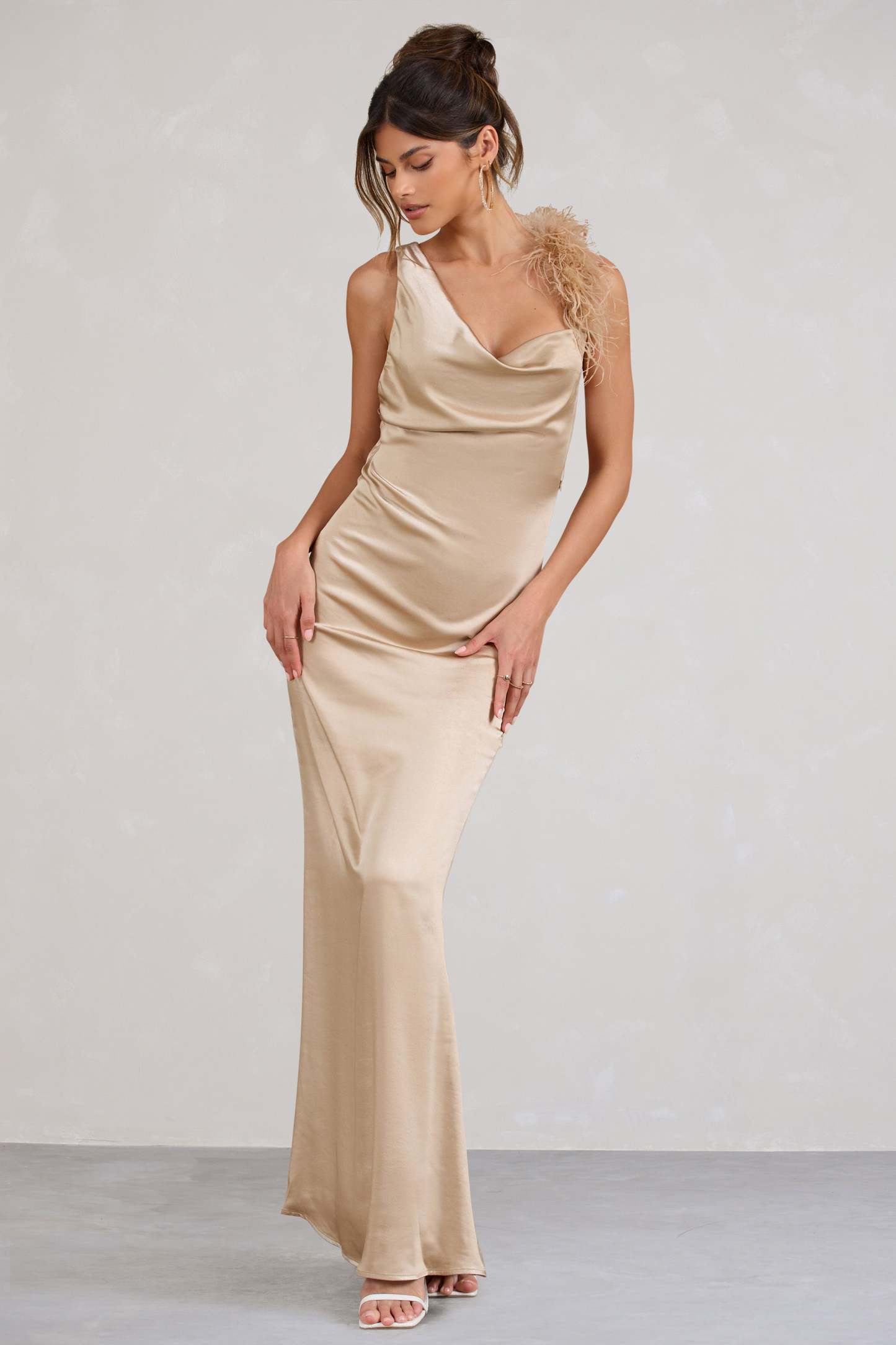 Cherish Me Gold Satin Asymmetric Cowl Maxi Dress With Feather Strap-Babyboo Dress Store. All Rights Reserved.