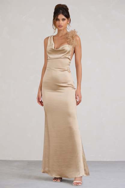 Cherish Me Gold Satin Asymmetric Cowl Maxi Dress With Feather Strap-Babyboo Dress Store. All Rights Reserved.