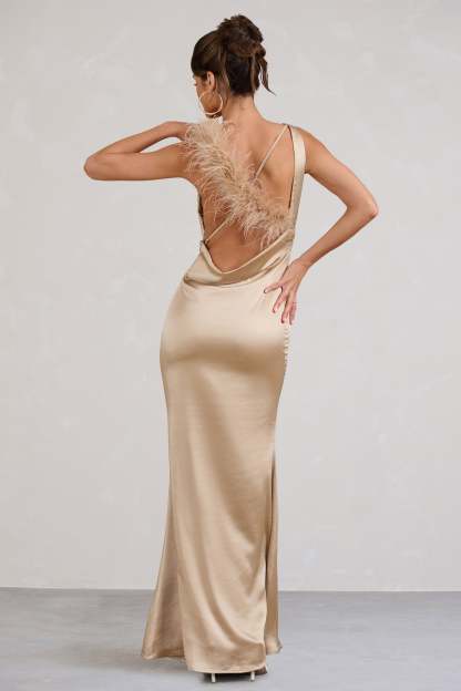 Cherish Me Gold Satin Asymmetric Cowl Maxi Dress With Feather Strap-Babyboo Dress Store. All Rights Reserved.