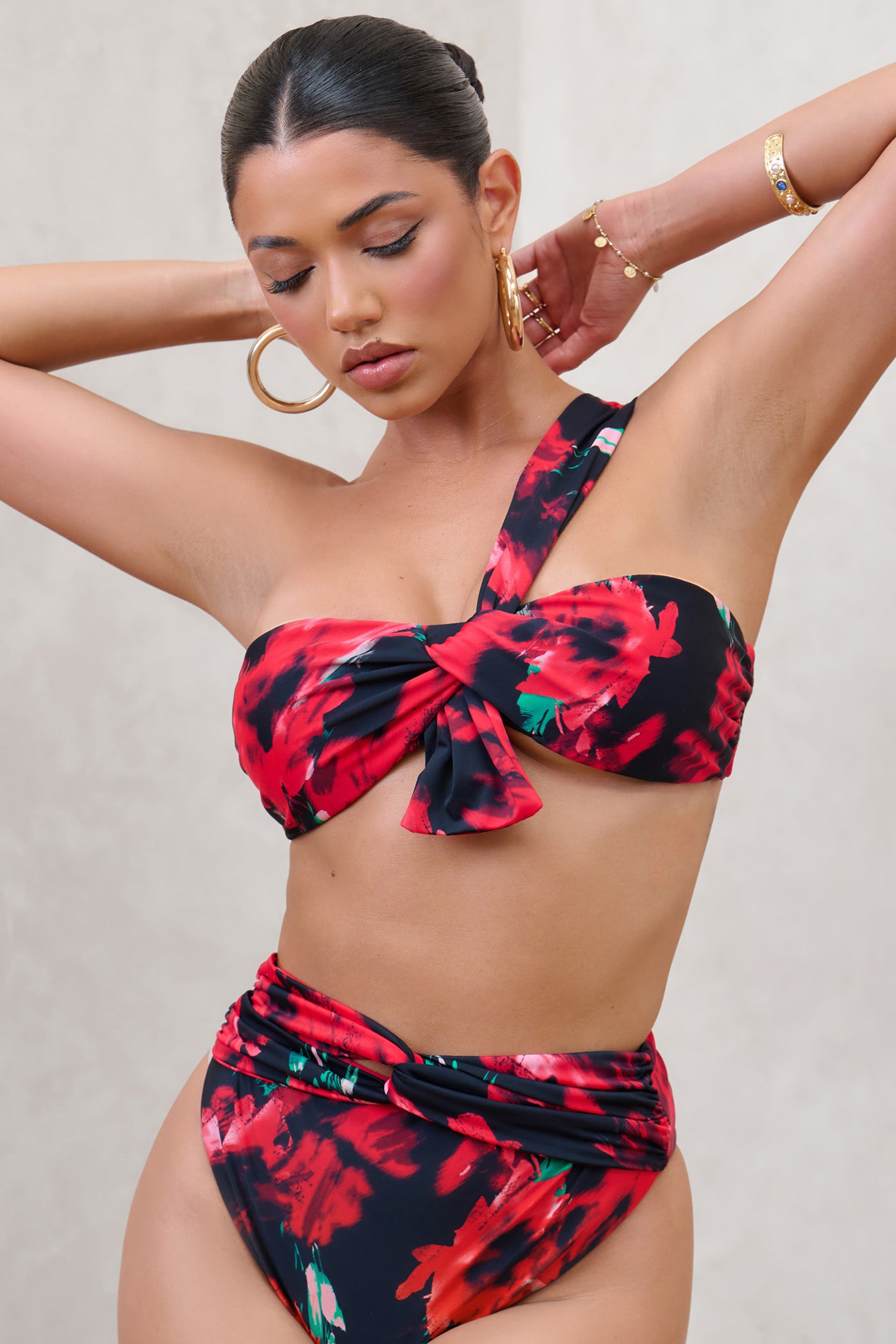 Bowline Multi Print One Shoulder Knotted Bikini Top-Babyboo Dress Store. All Rights Reserved.