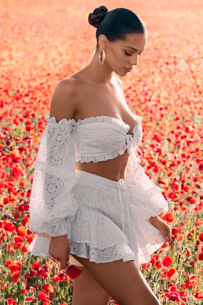 Parla Anglaise White Lace Eyelet Frilled Shorts With Drawstrings-Babyboo Dress Store. All Rights Reserved.