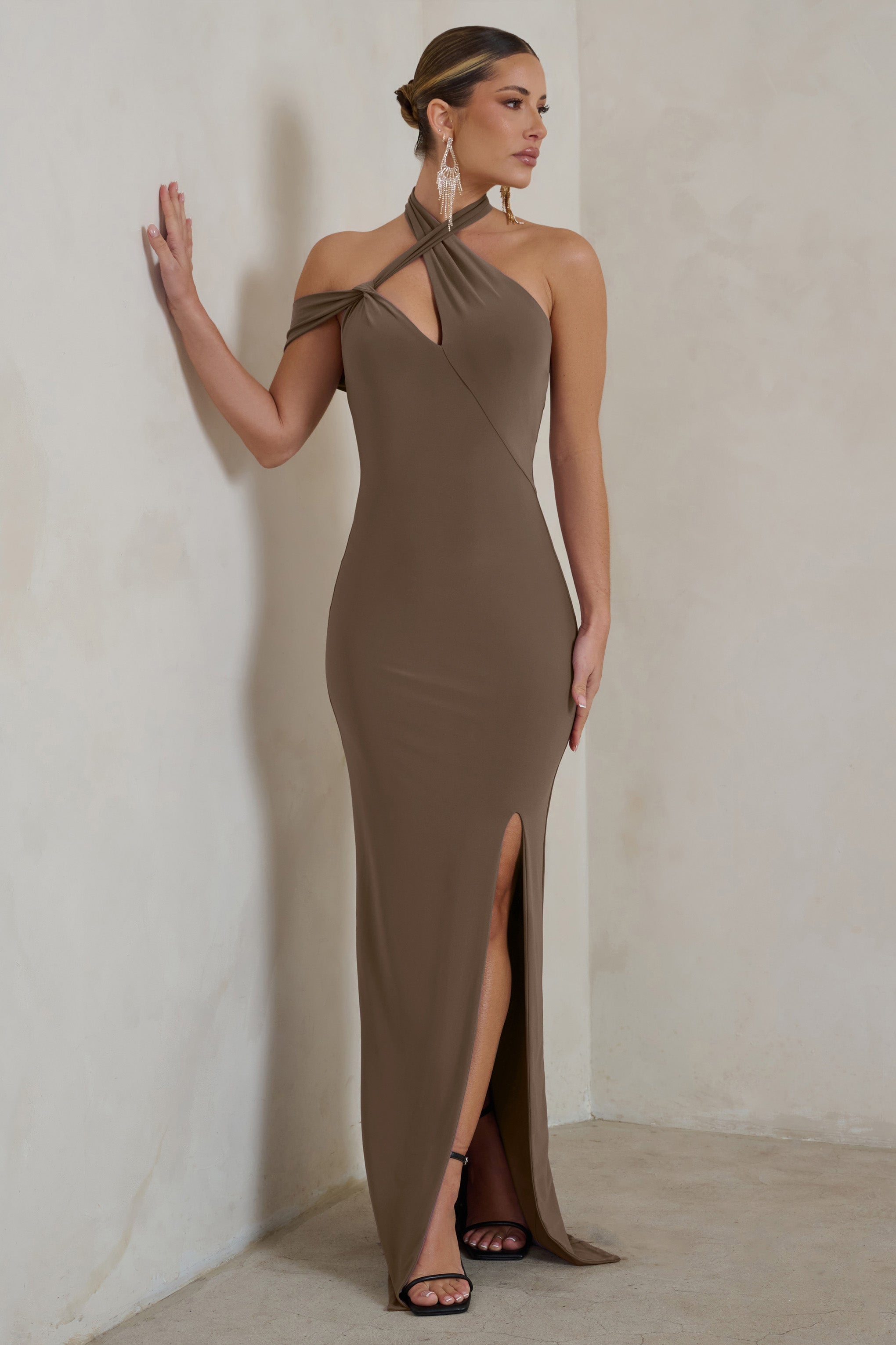 Clementine Mocha Asymmetric Neckline Maxi Dress With Thigh Split-Babyboo Dress Store. All Rights Reserved.