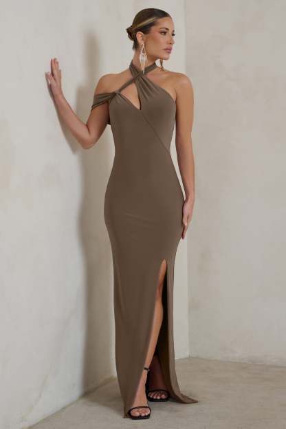 Clementine Mocha Asymmetric Neckline Maxi Dress With Thigh Split-Babyboo Dress Store. All Rights Reserved.