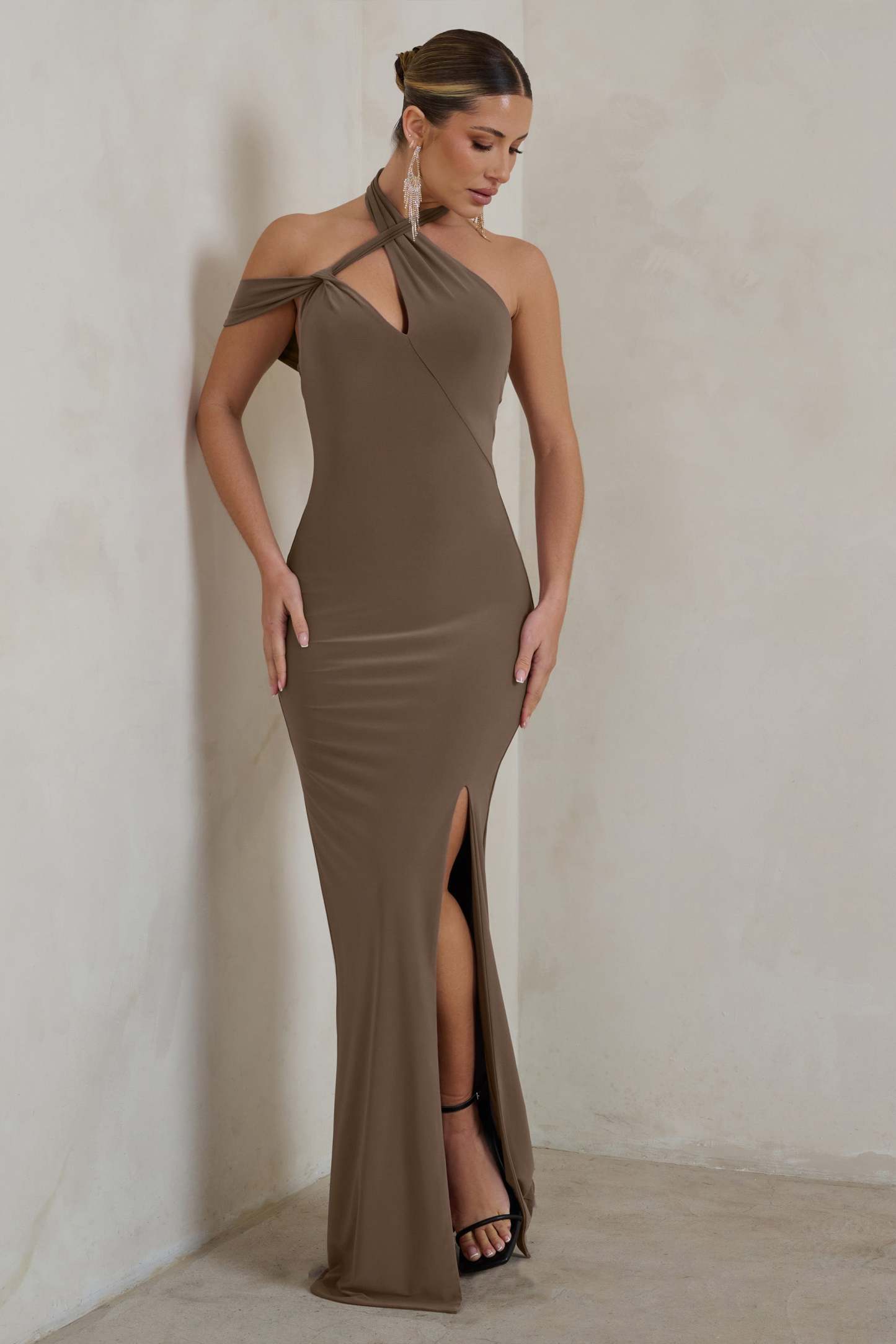 Clementine Mocha Asymmetric Neckline Maxi Dress With Thigh Split-Babyboo Dress Store. All Rights Reserved.