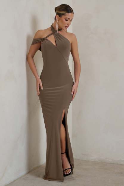 Clementine Mocha Asymmetric Neckline Maxi Dress With Thigh Split-Babyboo Dress Store. All Rights Reserved.