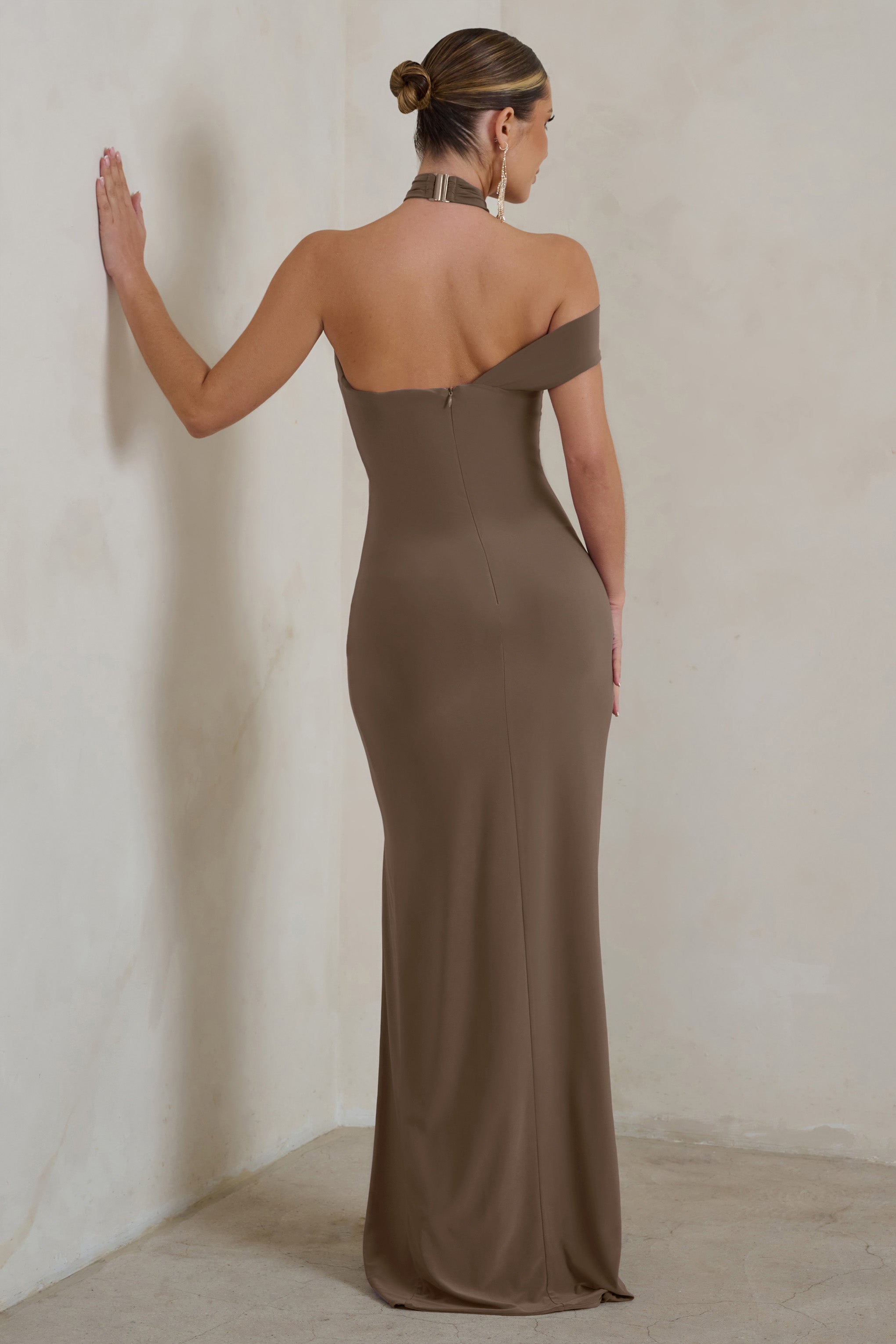 Clementine Mocha Asymmetric Neckline Maxi Dress With Thigh Split-Babyboo Dress Store. All Rights Reserved.