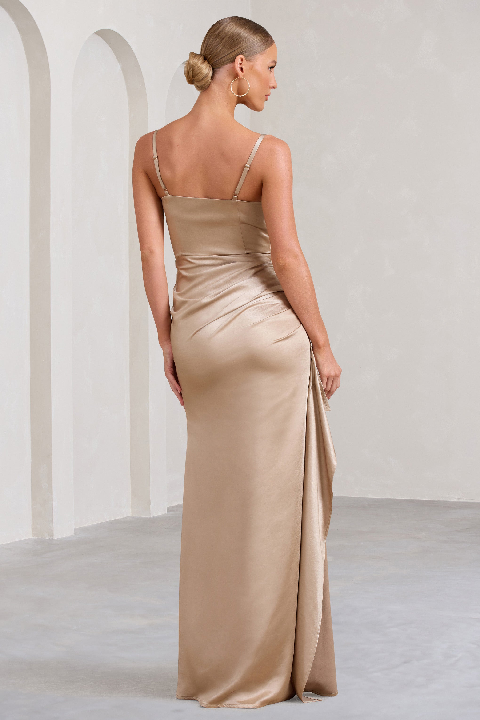 Buckingham Champagne Satin Pleated Split Maxi Dress-Babyboo Dress Store. All Rights Reserved.