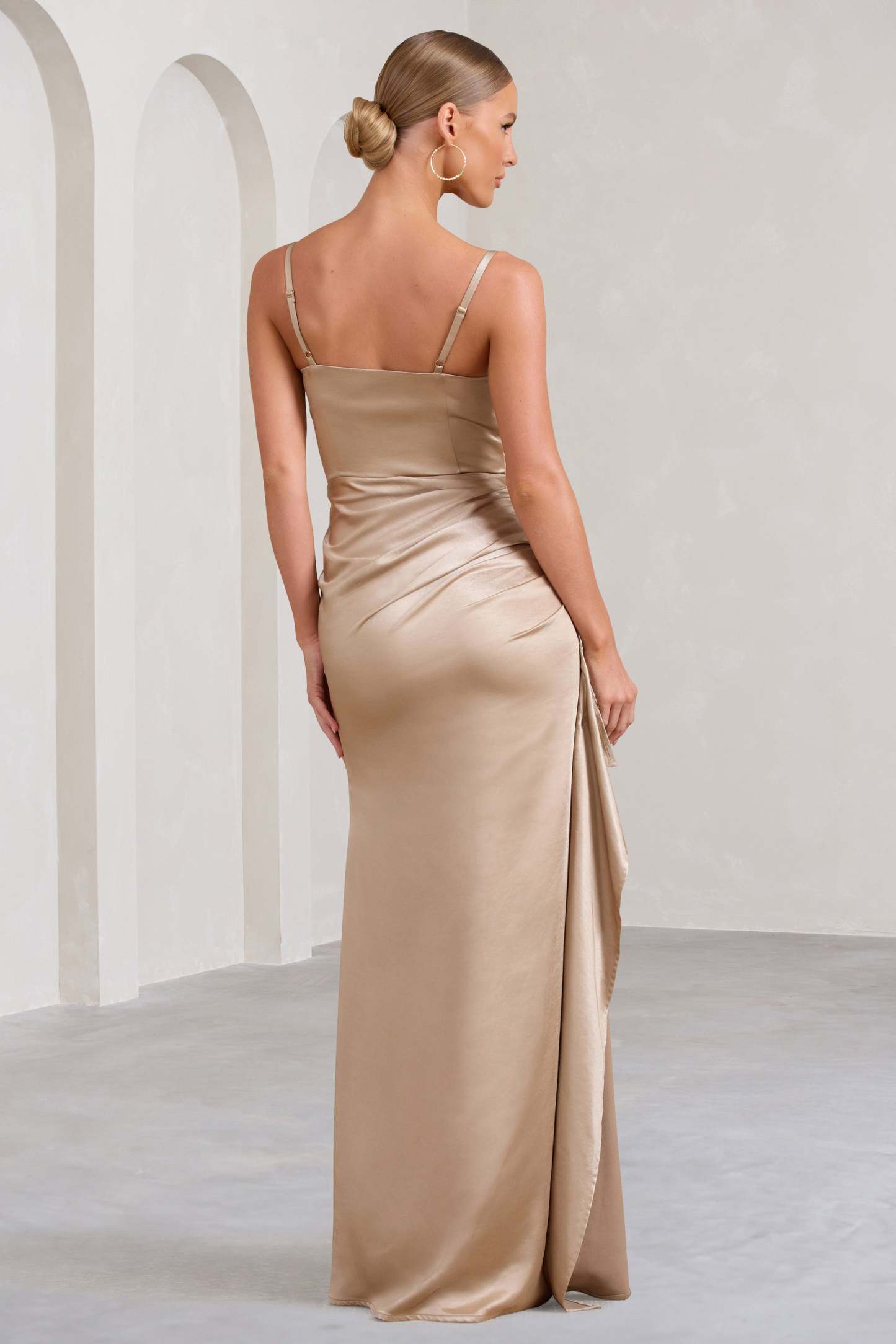 Buckingham Champagne Satin Pleated Split Maxi Dress-Babyboo Dress Store. All Rights Reserved.