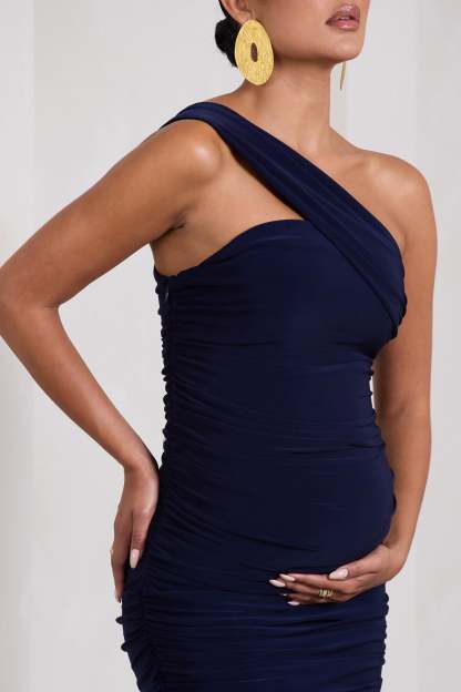 Contour Navy Maternity One Shoulder Bodycon Midi Dress-Babyboo Dress Store. All Rights Reserved.