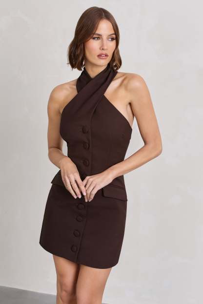 Dani Chocolate Halter Neck Tailored Buttoned Bodycon Mini Dress-Babyboo Dress Store. All Rights Reserved.