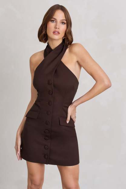 Dani Chocolate Halter Neck Tailored Buttoned Bodycon Mini Dress-Babyboo Dress Store. All Rights Reserved.