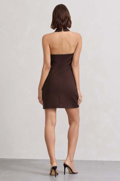 Dani Chocolate Halter Neck Tailored Buttoned Bodycon Mini Dress-Babyboo Dress Store. All Rights Reserved.
