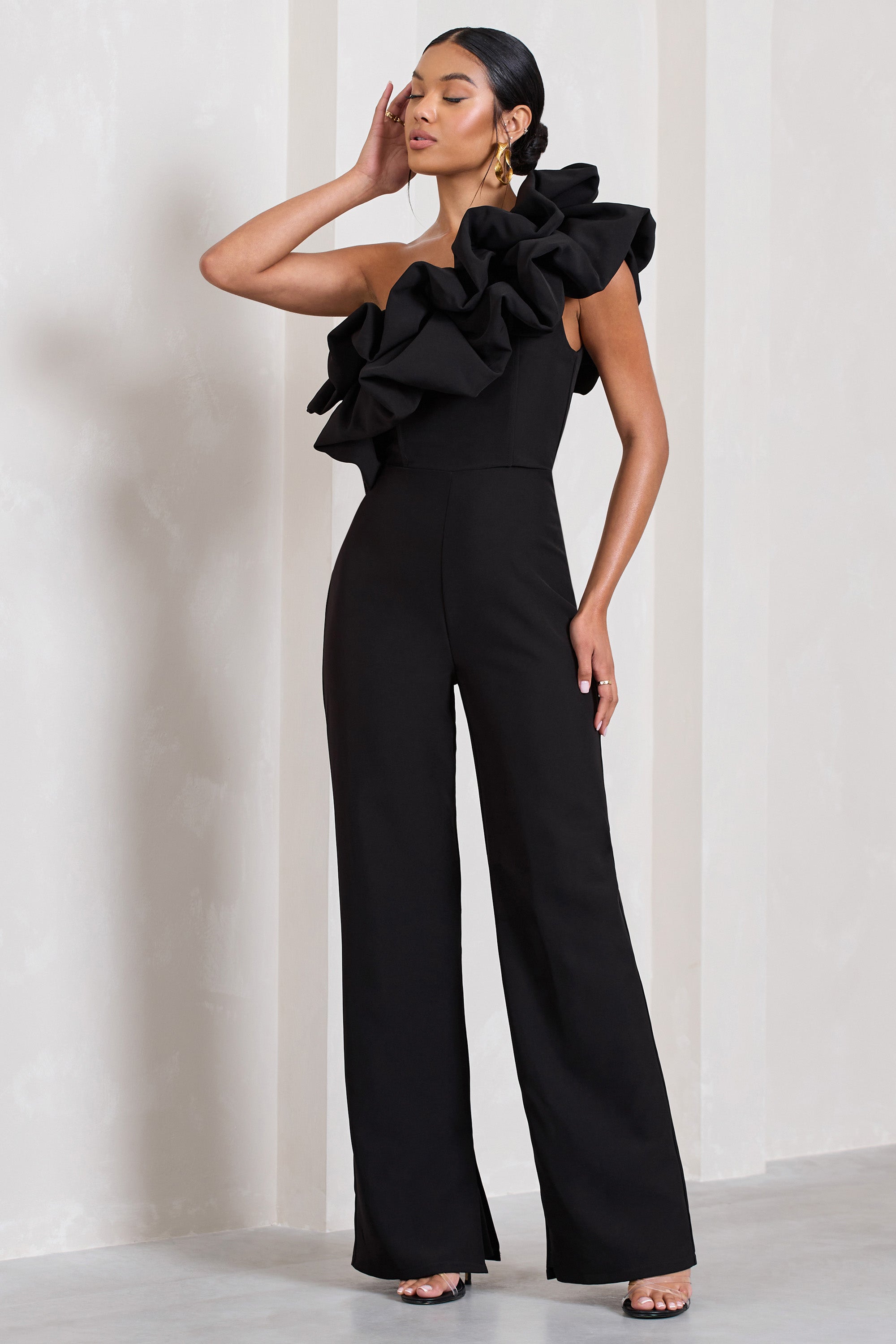 Monica Black Asymmetric Ruffled Wide-Leg Jumpsuit-Babyboo Dress Store. All Rights Reserved.