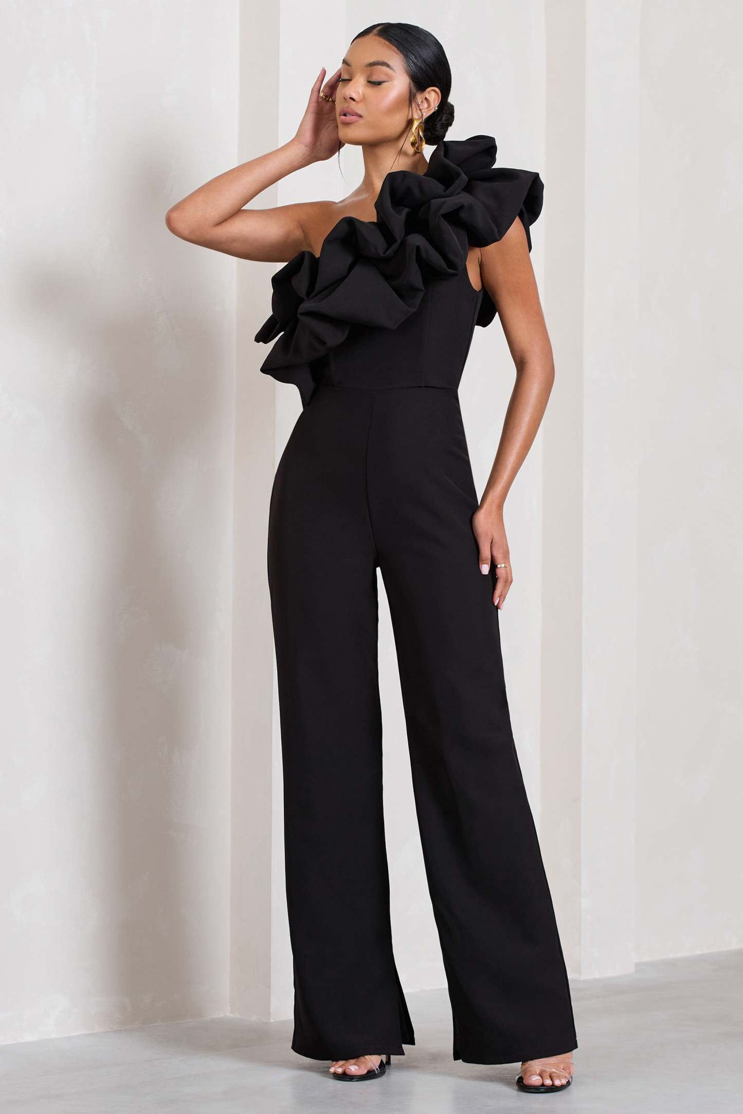 Monica Black Asymmetric Ruffled Wide-Leg Jumpsuit-Babyboo Dress Store. All Rights Reserved.