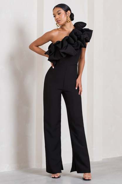 Monica Black Asymmetric Ruffled Wide-Leg Jumpsuit-Babyboo Dress Store. All Rights Reserved.
