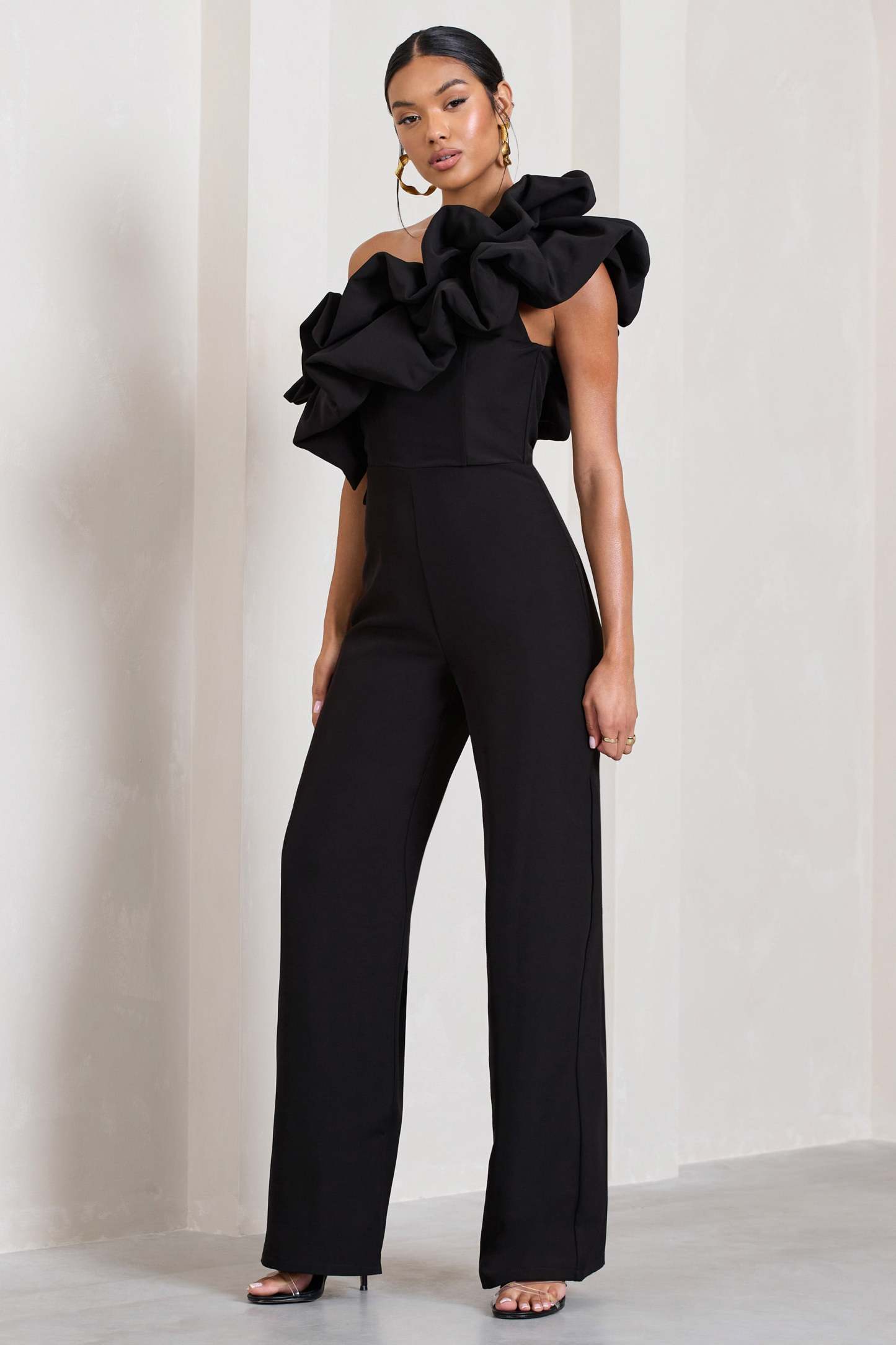 Monica Black Asymmetric Ruffled Wide-Leg Jumpsuit-Babyboo Dress Store. All Rights Reserved.