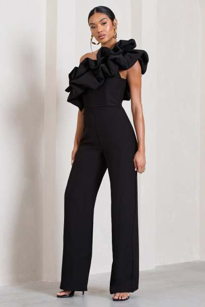 Monica Black Asymmetric Ruffled Wide-Leg Jumpsuit-Babyboo Dress Store. All Rights Reserved.