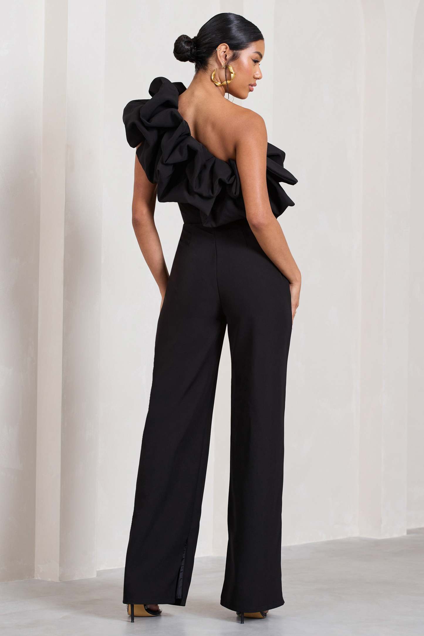 Monica Black Asymmetric Ruffled Wide-Leg Jumpsuit-Babyboo Dress Store. All Rights Reserved.