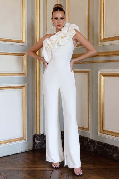 Monica White Asymmetric Ruffled Wide-Leg Jumpsuit-Babyboo Dress Store. All Rights Reserved.