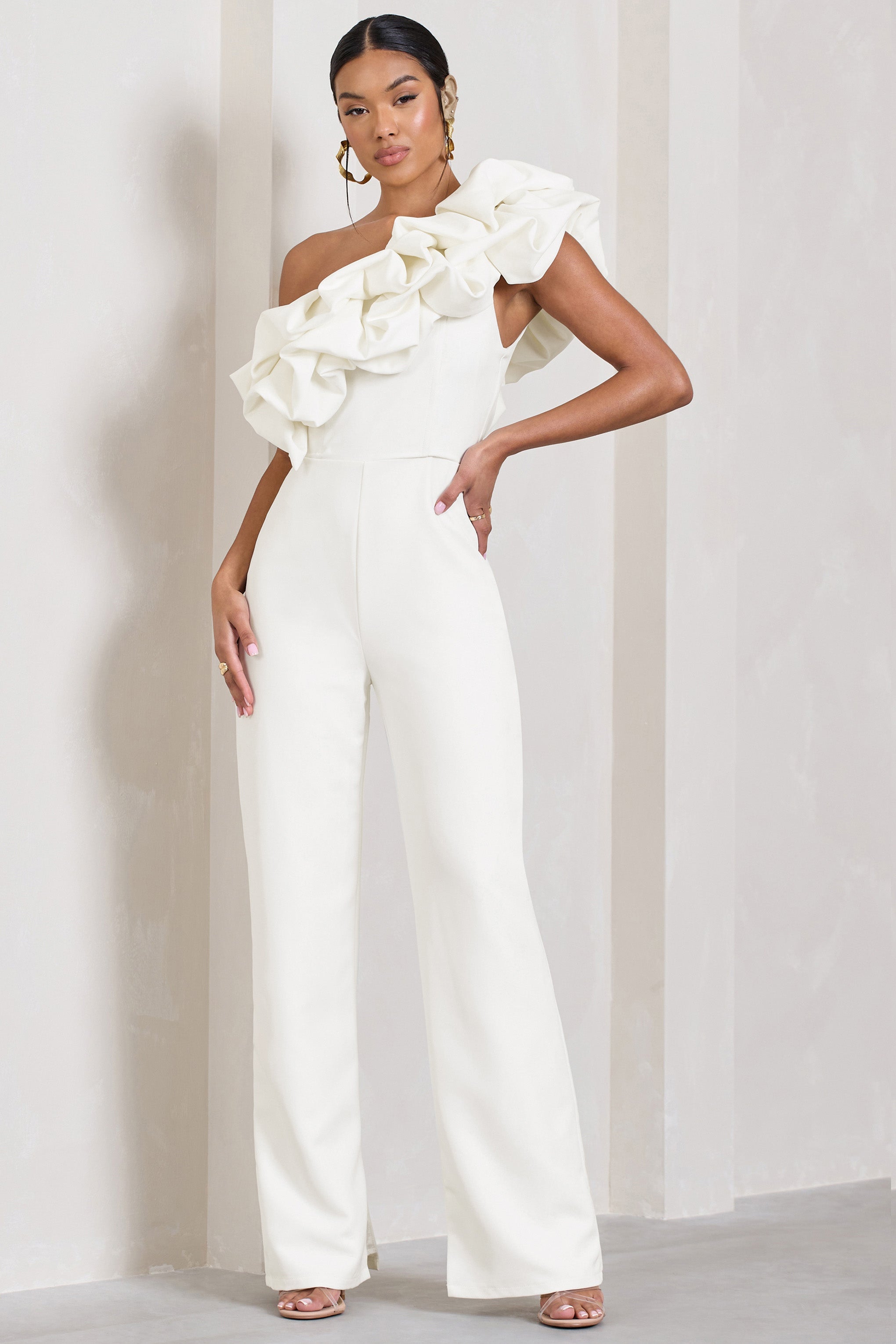 Monica White Asymmetric Ruffled Wide-Leg Jumpsuit-Babyboo Dress Store. All Rights Reserved.
