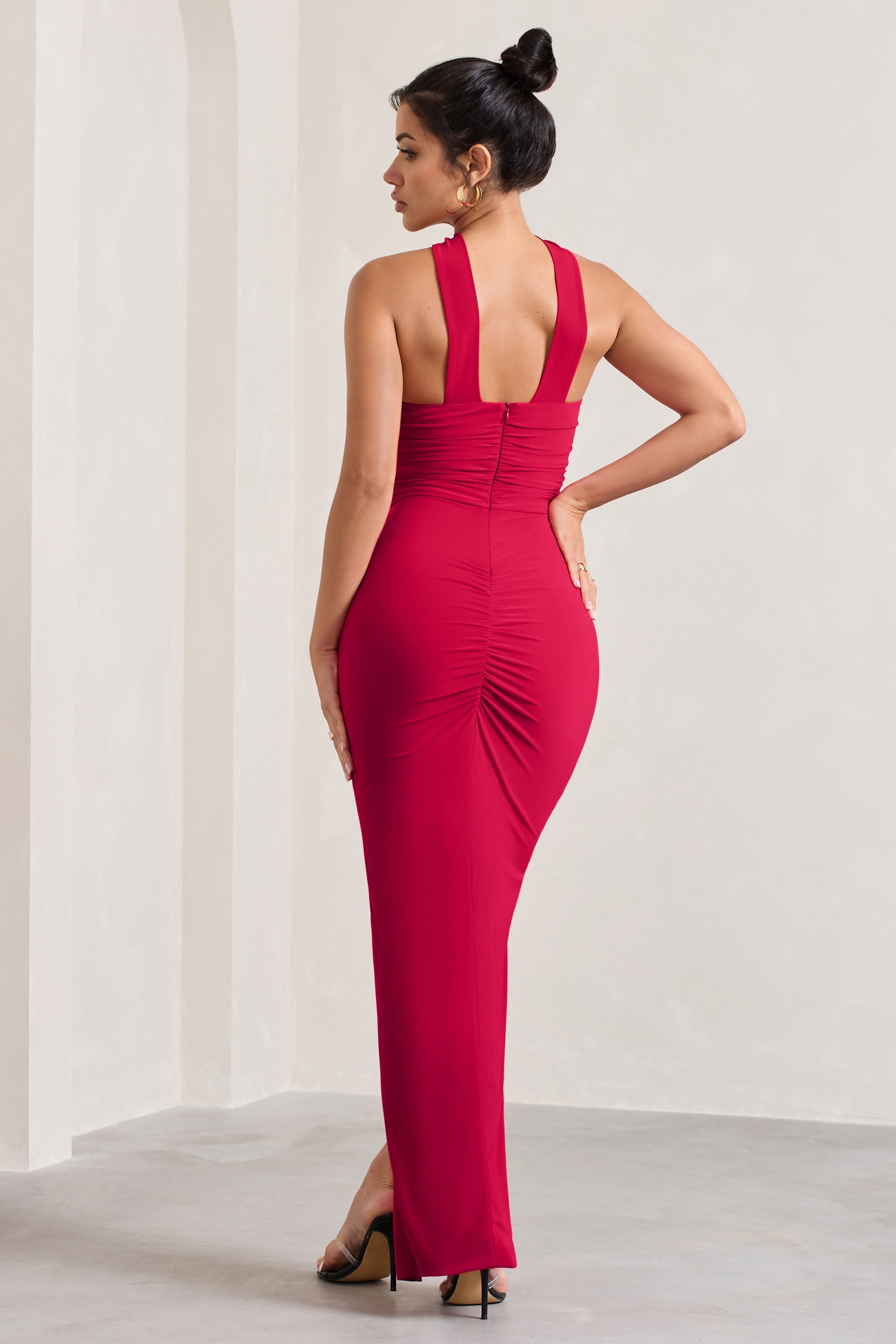 Paprika Red Ruched Halter-Neck Bandeau Maxi Dress-Babyboo Dress Store. All Rights Reserved.