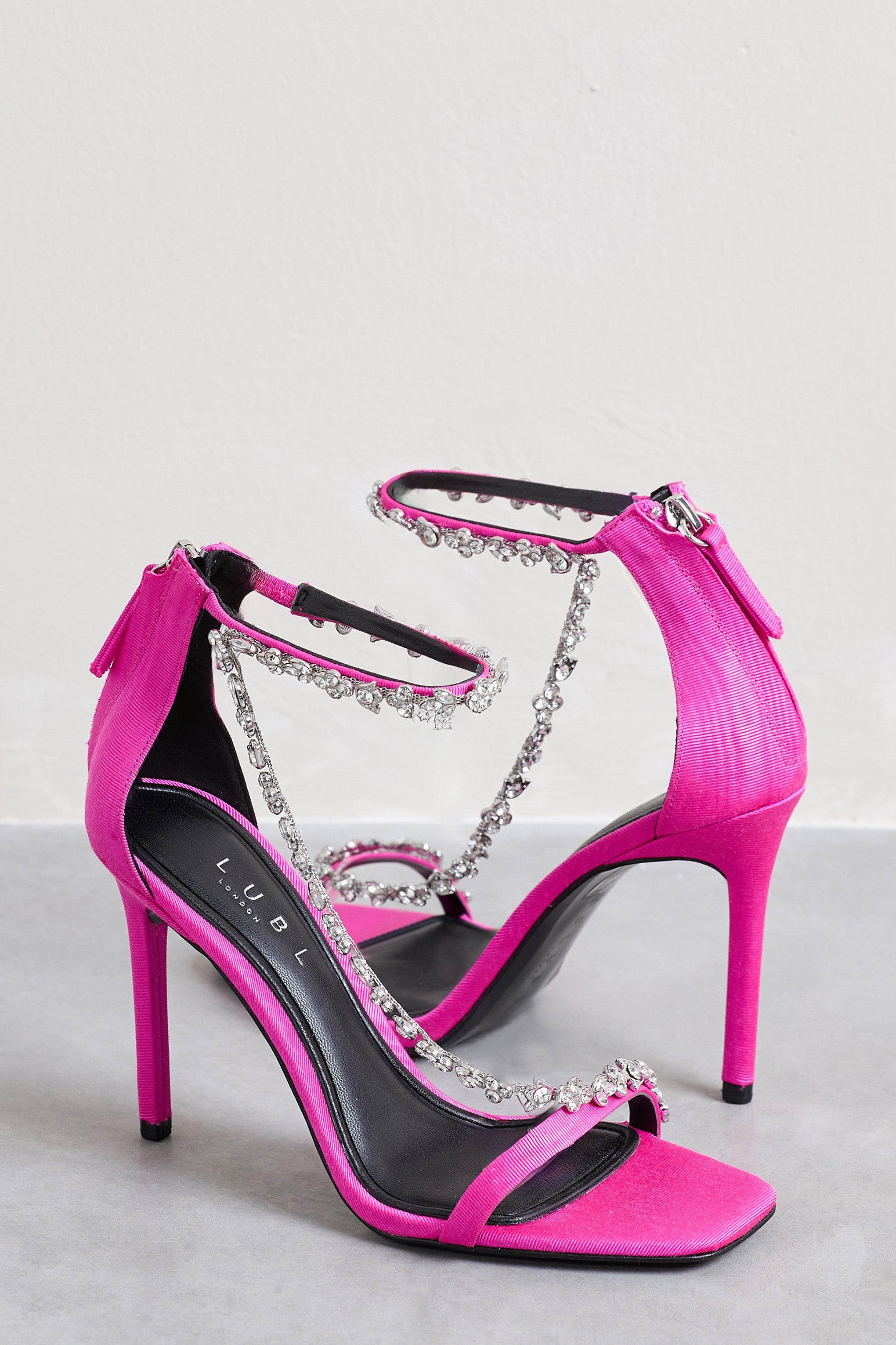Oh Please Pink Strappy Heeled Sandals With Diamante Chains-Babyboo Dress Store. All Rights Reserved.