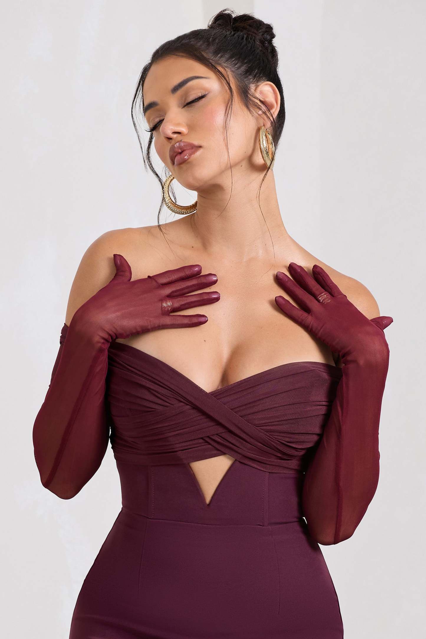 Check Please Burgundy Sheer Long-Sleeved Gloves-Babyboo Dress Store. All Rights Reserved.